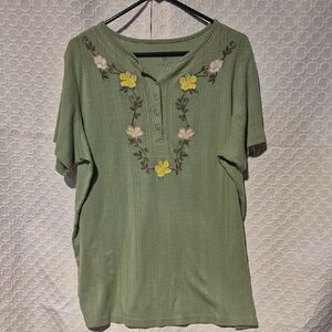 Woman Within 18/20 Cottagecore Green Floral Embroidered Short SleeveTop